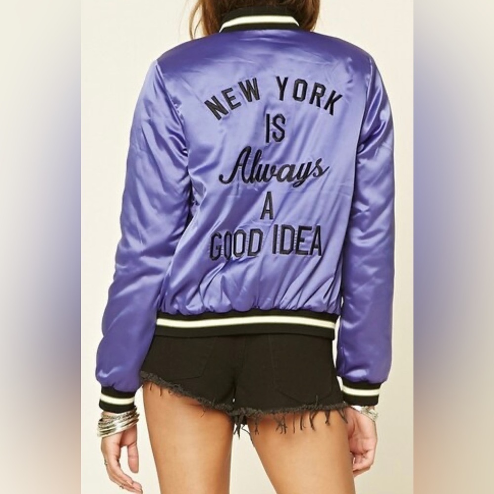 Forever 21 Bomber Jacket Embroidered “New York is always a good idea” size Small - Picture 4 of 13